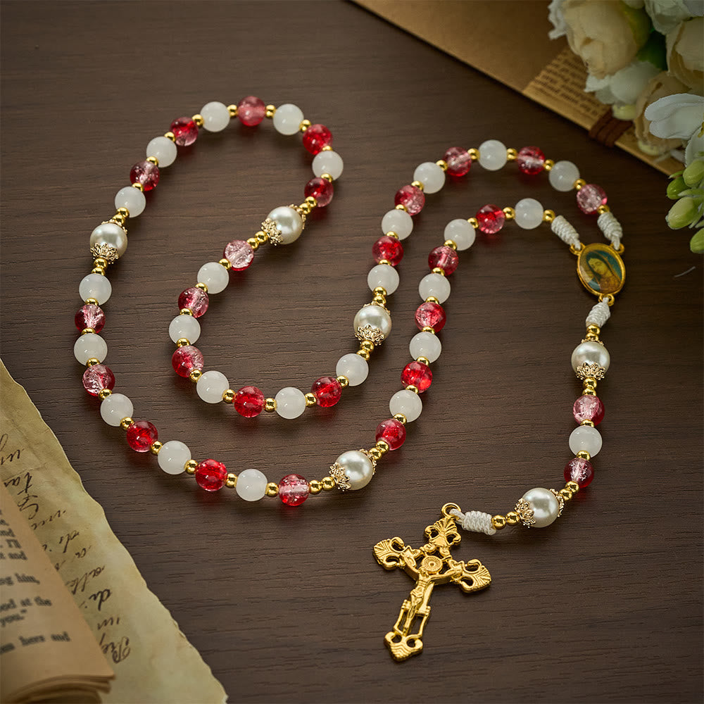 SolaceBeads Red Glass &amp; White Jade Rosary with Pearl Pater Beads: Gentle Grace for Daily Prayer - image 3
