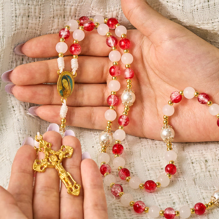 SolaceBeads Red Glass &amp; White Jade Rosary with Pearl Pater Beads: Gentle Grace for Daily Prayer - image 1