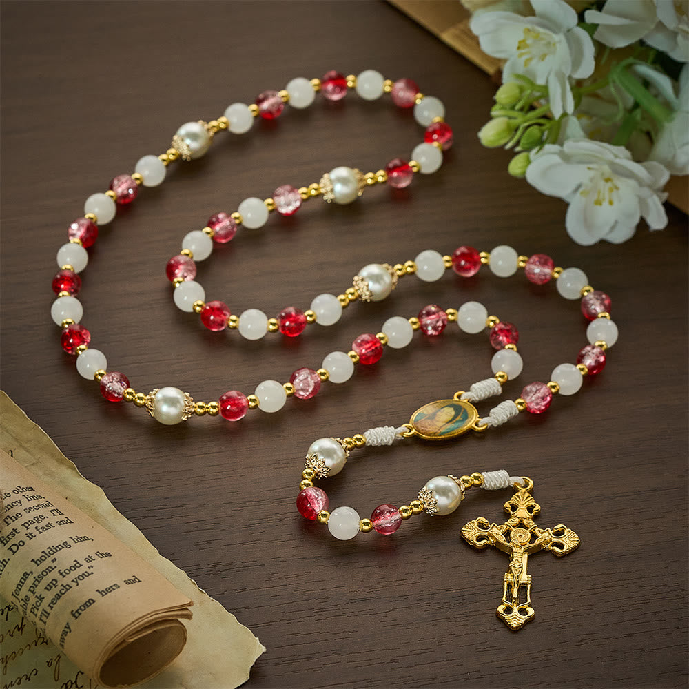 SolaceBeads Red Glass &amp; White Jade Rosary with Pearl Pater Beads: Gentle Grace for Daily Prayer - image 2