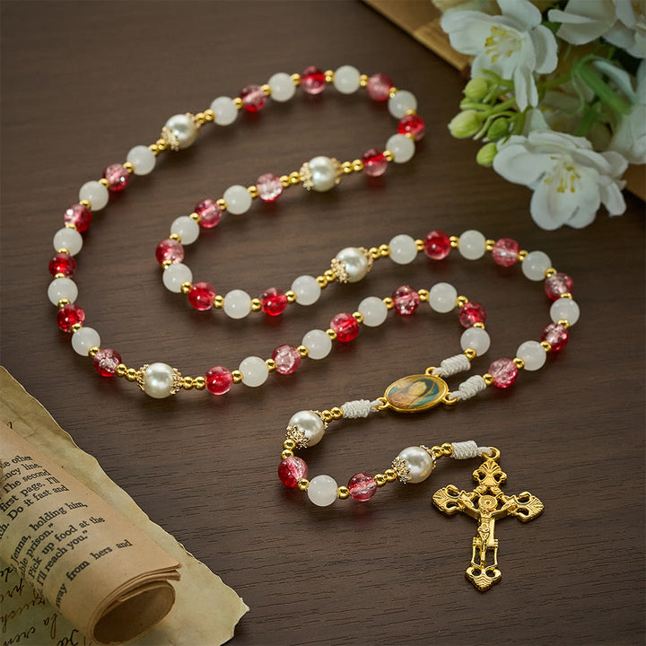 SolaceBeads Red Glass &amp; White Jade Rosary with Pearl Pater Beads: Gentle Grace for Daily Prayer - image 2