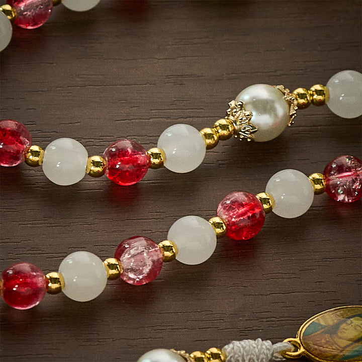 SolaceBeads Red Glass &amp; White Jade Rosary with Pearl Pater Beads: Gentle Grace for Daily Prayer - image 5