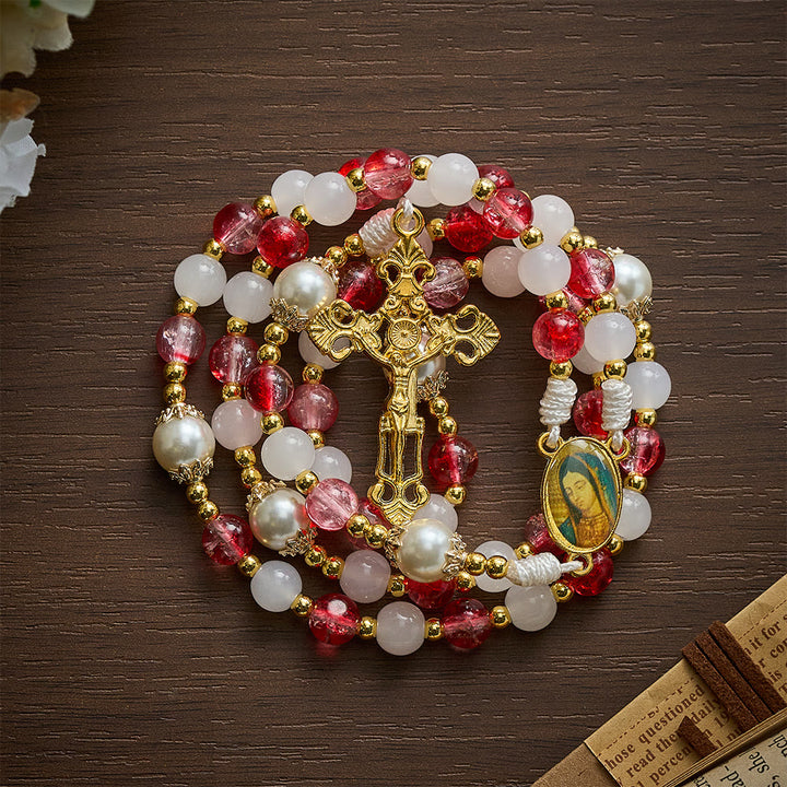 SolaceBeads Red Glass &amp; White Jade Rosary with Pearl Pater Beads: Gentle Grace for Daily Prayer - image 8