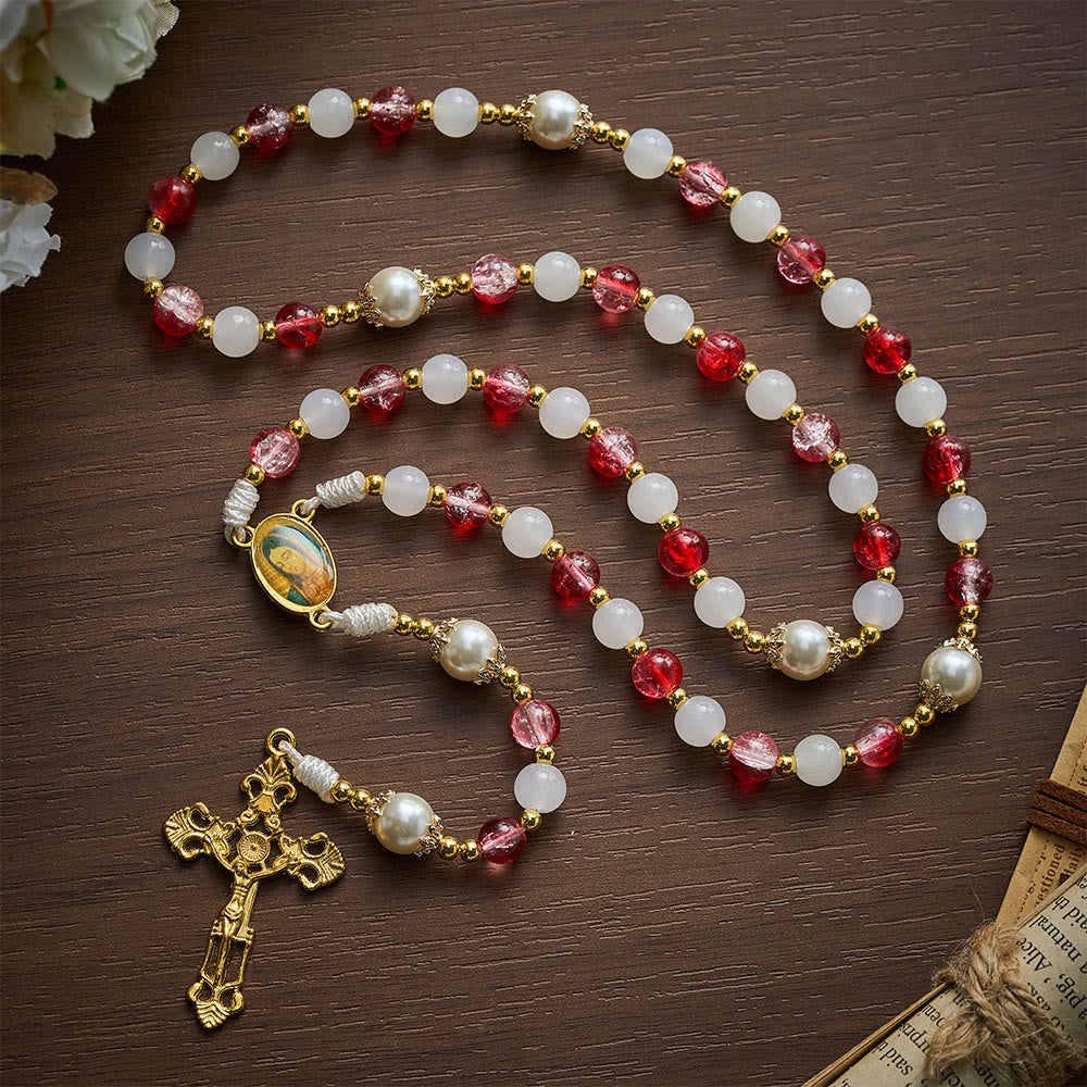SolaceBeads Red Glass &amp; White Jade Rosary with Pearl Pater Beads: Gentle Grace for Daily Prayer - White &amp; Red - image 0