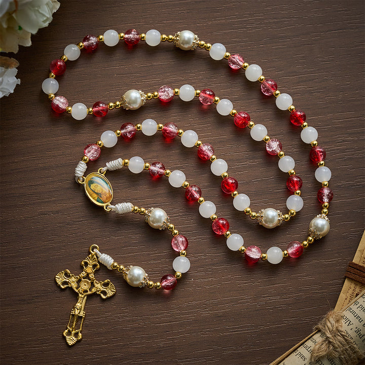 SolaceBeads Red Glass &amp; White Jade Rosary with Pearl Pater Beads: Gentle Grace for Daily Prayer - White &amp; Red - image 0