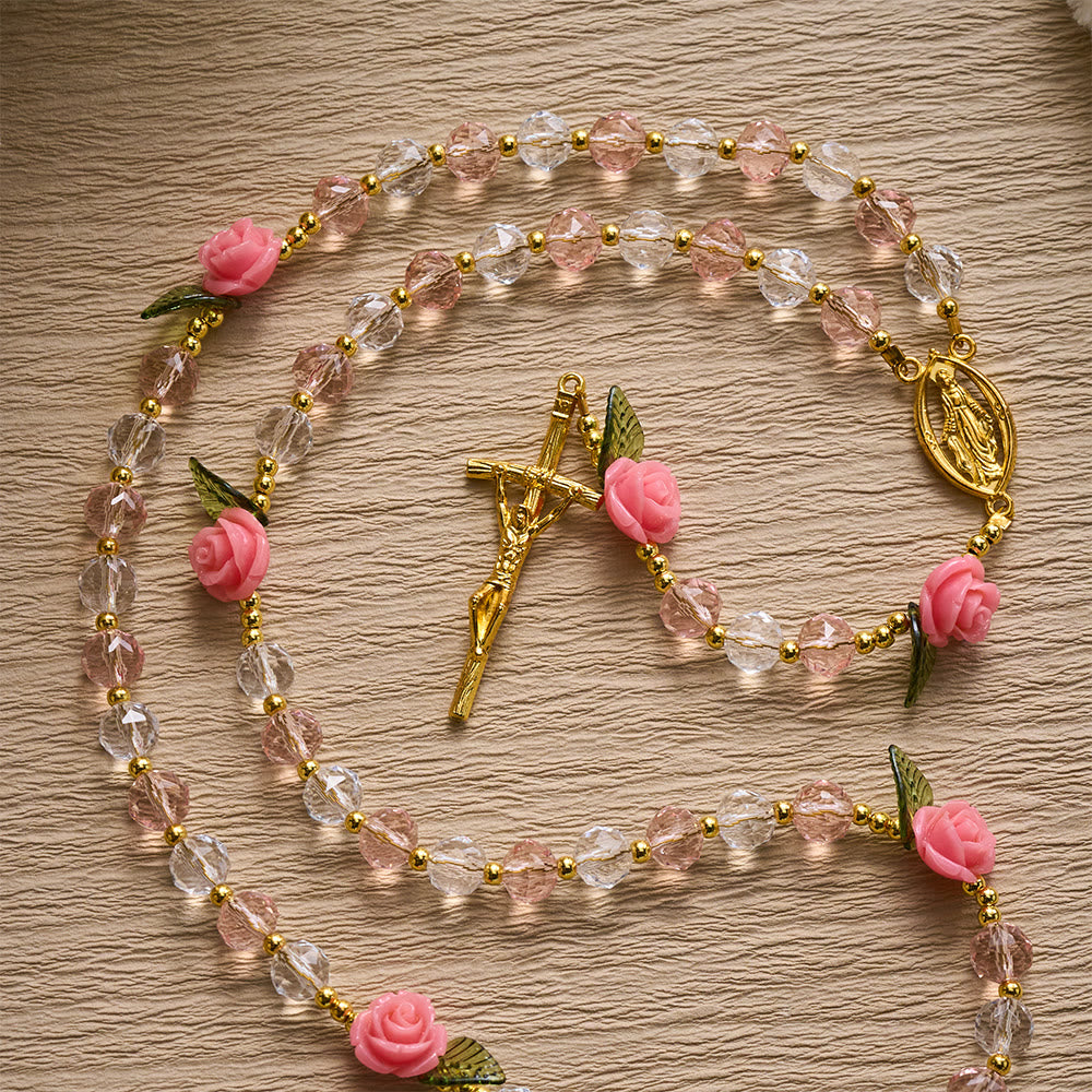 SolaceBeads Clear &amp; Pink Crystal Rosary with Pink Rose Pater Beads: Gentle Bloom for Your Daily Prayer - image 4
