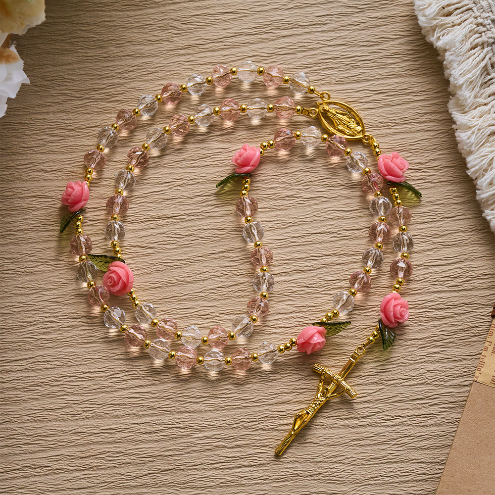SolaceBeads Clear &amp; Pink Crystal Rosary with Pink Rose Pater Beads: Gentle Bloom for Your Daily Prayer - image 3