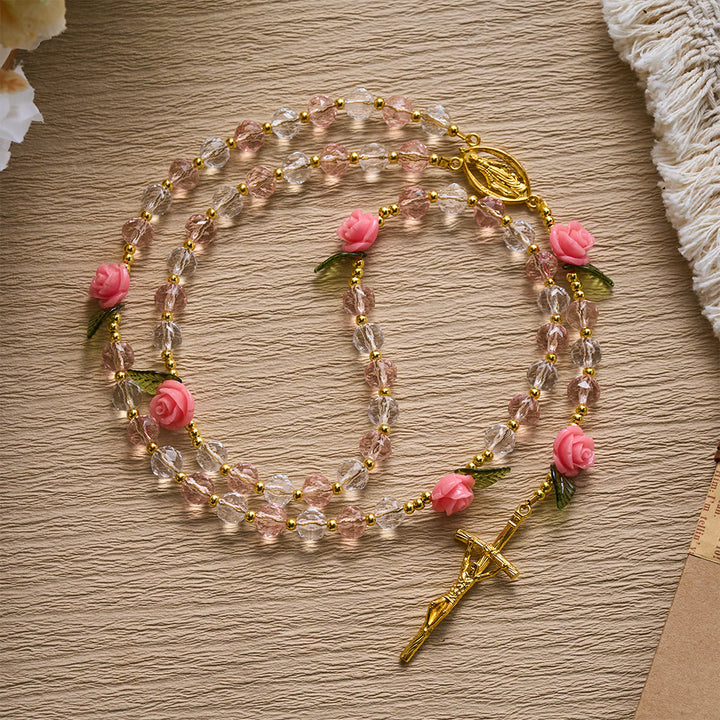 SolaceBeads Clear &amp; Pink Crystal Rosary with Pink Rose Pater Beads: Gentle Bloom for Your Daily Prayer - image 3