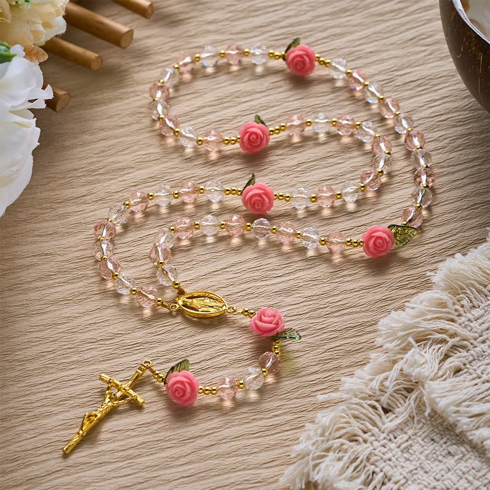 SolaceBeads Clear &amp; Pink Crystal Rosary with Pink Rose Pater Beads: Gentle Bloom for Your Daily Prayer - image 2