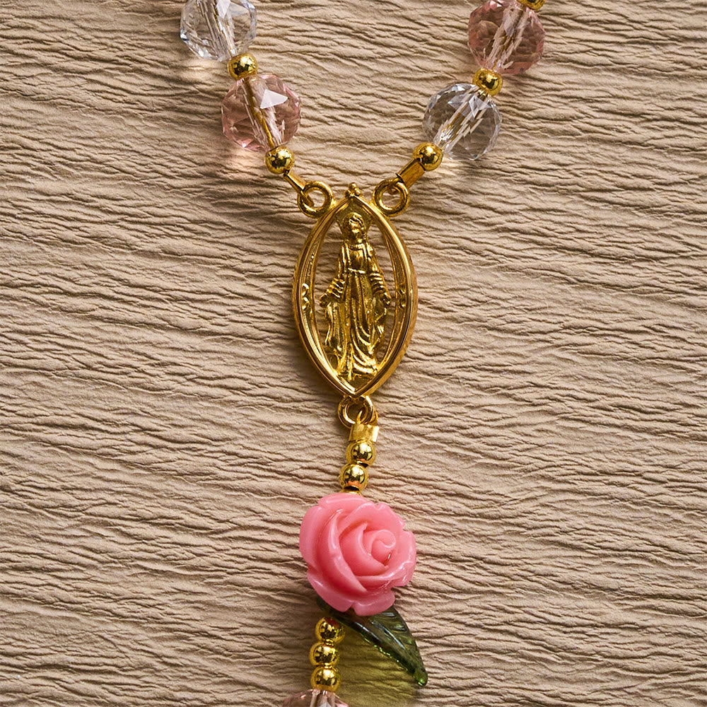 SolaceBeads Clear &amp; Pink Crystal Rosary with Pink Rose Pater Beads: Gentle Bloom for Your Daily Prayer - image 6