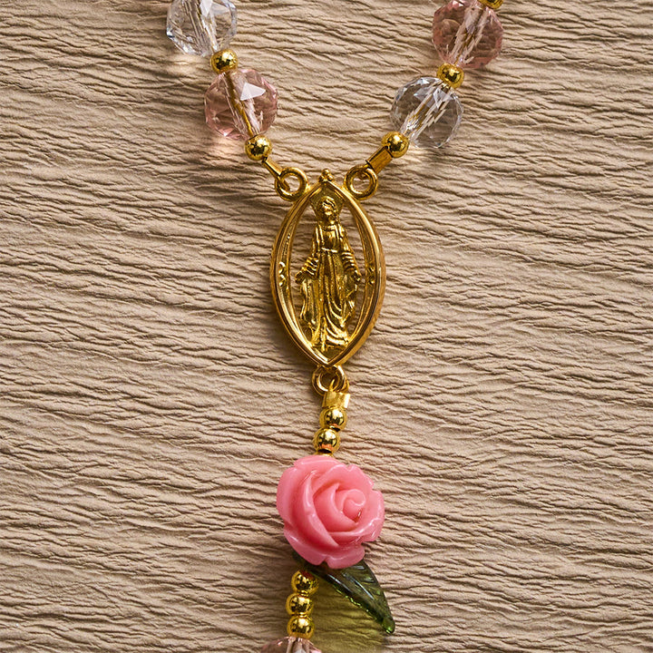 SolaceBeads Clear &amp; Pink Crystal Rosary with Pink Rose Pater Beads: Gentle Bloom for Your Daily Prayer - image 6
