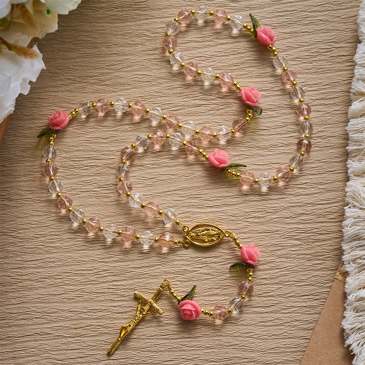 SolaceBeads Clear &amp; Pink Crystal Rosary with Pink Rose Pater Beads: Gentle Bloom for Your Daily Prayer - image 8