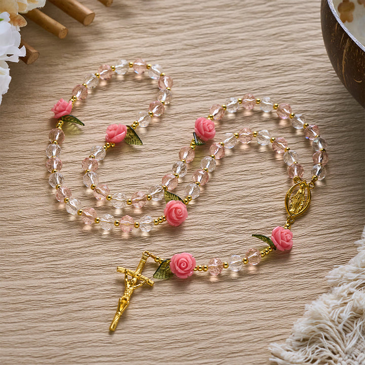 SolaceBeads Clear &amp; Pink Crystal Rosary with Pink Rose Pater Beads: Gentle Bloom for Your Daily Prayer - White &amp; Pink - image 0