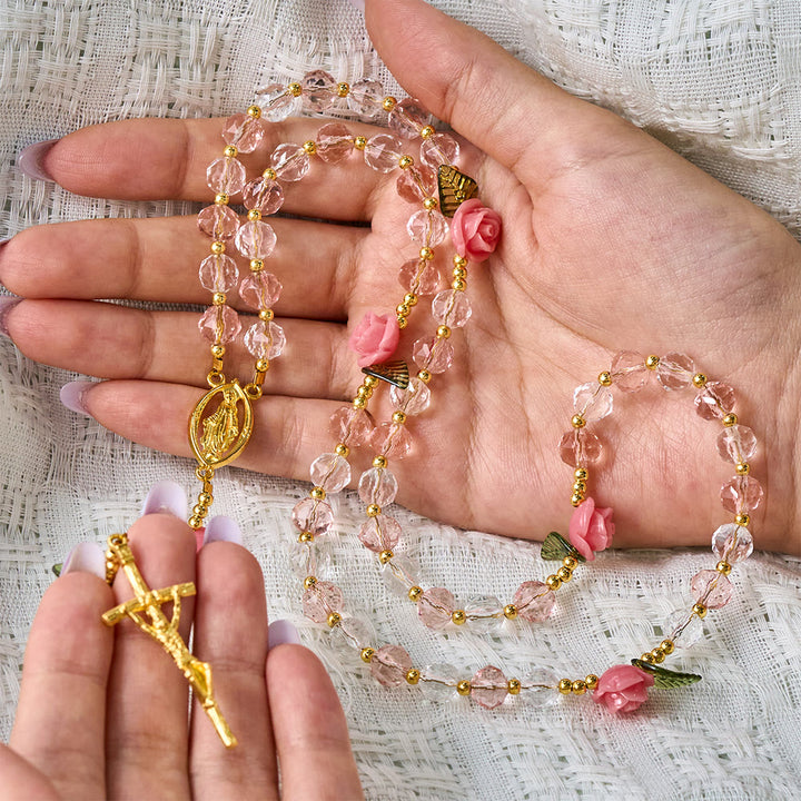 SolaceBeads Clear &amp; Pink Crystal Rosary with Pink Rose Pater Beads: Gentle Bloom for Your Daily Prayer - image 1