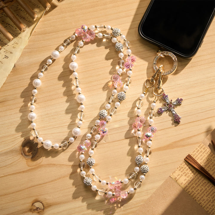 Solacebeads Pink Crystal Pearl Cross Crossbody  Phone Charm: Blessed By The Gentle Devotional Faith - image 1