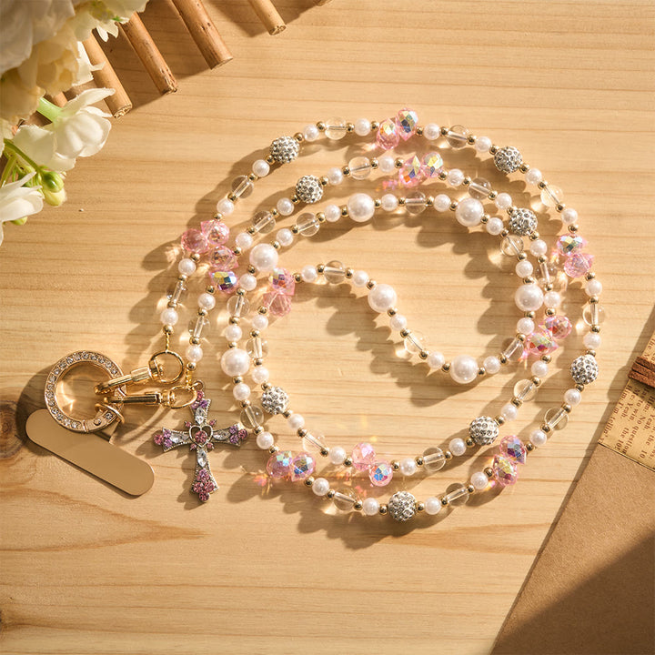 Solacebeads Pink Crystal Pearl Cross Crossbody  Phone Charm: Blessed By The Gentle Devotional Faith - image 6