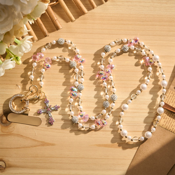 Solacebeads Pink Crystal Pearl Cross Crossbody  Phone Charm: Blessed By The Gentle Devotional Faith - image 5