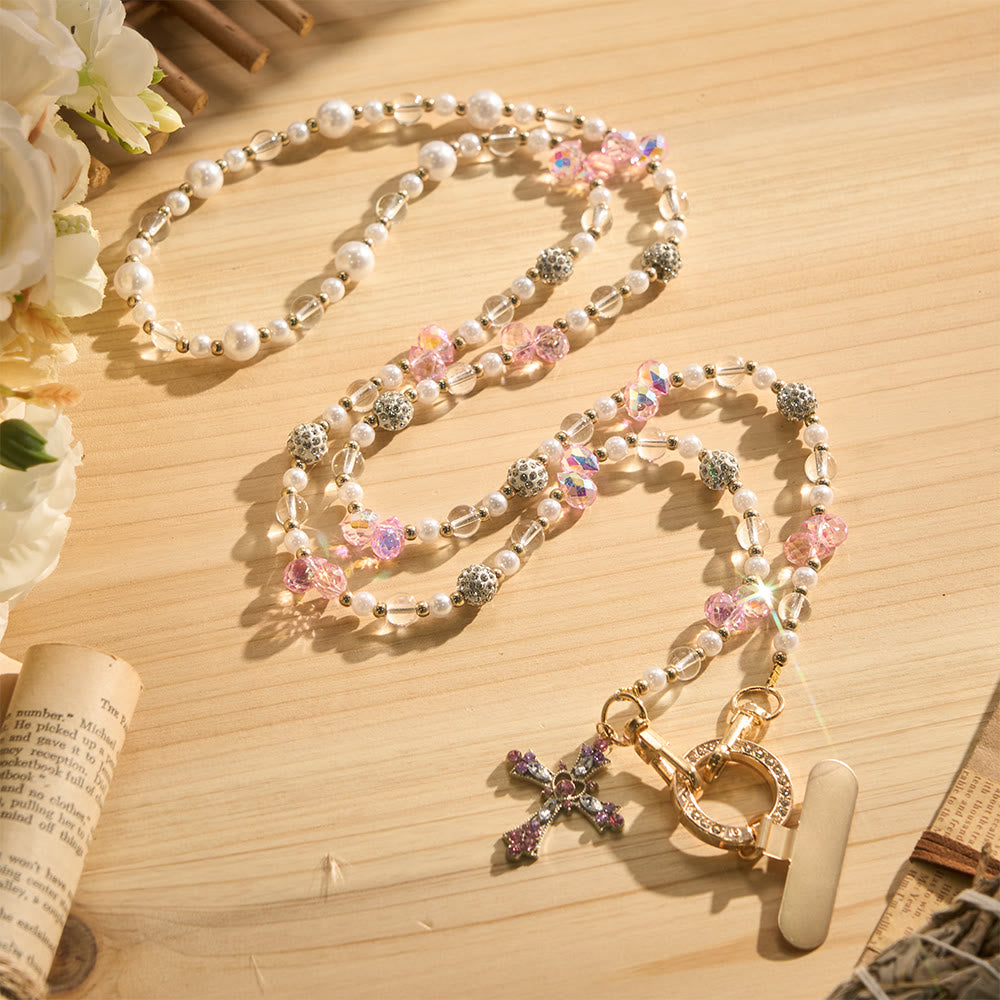 Solacebeads Pink Crystal Pearl Cross Crossbody  Phone Charm: Blessed By The Gentle Devotional Faith - image 0