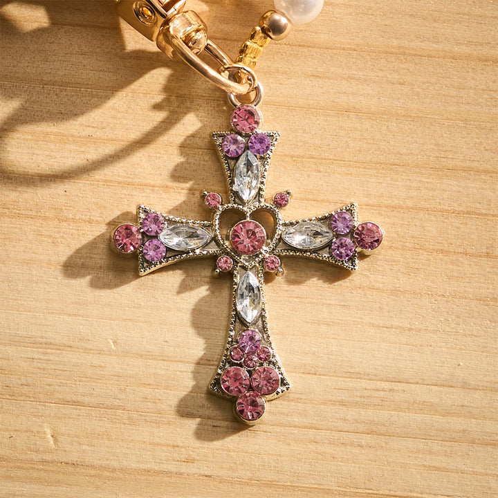 Solacebeads Pink Crystal Pearl Cross Crossbody  Phone Charm: Blessed By The Gentle Devotional Faith - image 4