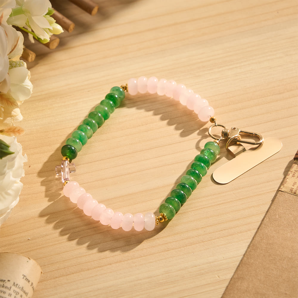 SolaceBeads Pink Green Quartzite Bead Phone Charm with Acrylic Cross: Fresh Serenity for Daily Use - Pink &amp; Green - image 0