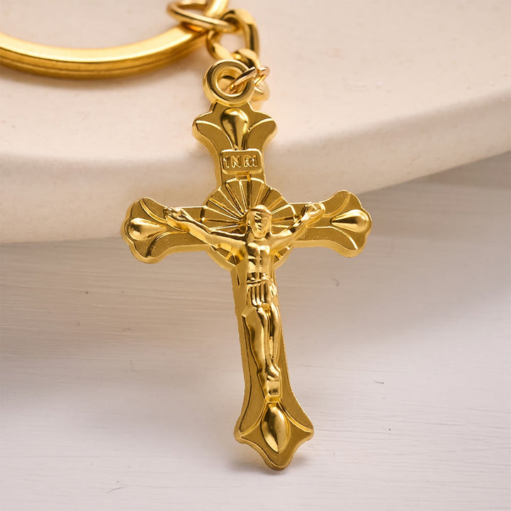 SolaceBeads Red Floral Ceramic Bead Keychain with Crucifix &amp; Chalice Charms: Blessing for Your Daily - image 3