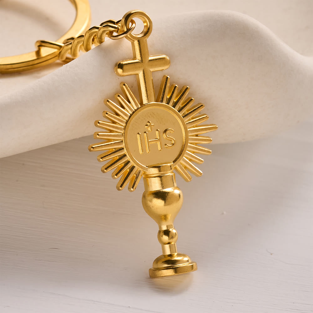SolaceBeads Red Floral Ceramic Bead Keychain with Crucifix &amp; Chalice Charms: Blessing for Your Daily - image 4