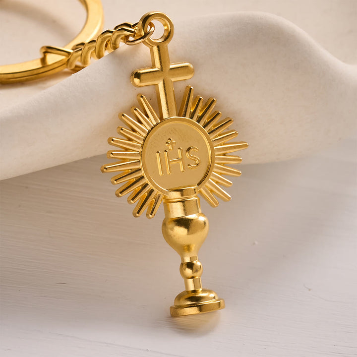 SolaceBeads Red Floral Ceramic Bead Keychain with Crucifix &amp; Chalice Charms: Blessing for Your Daily - image 4