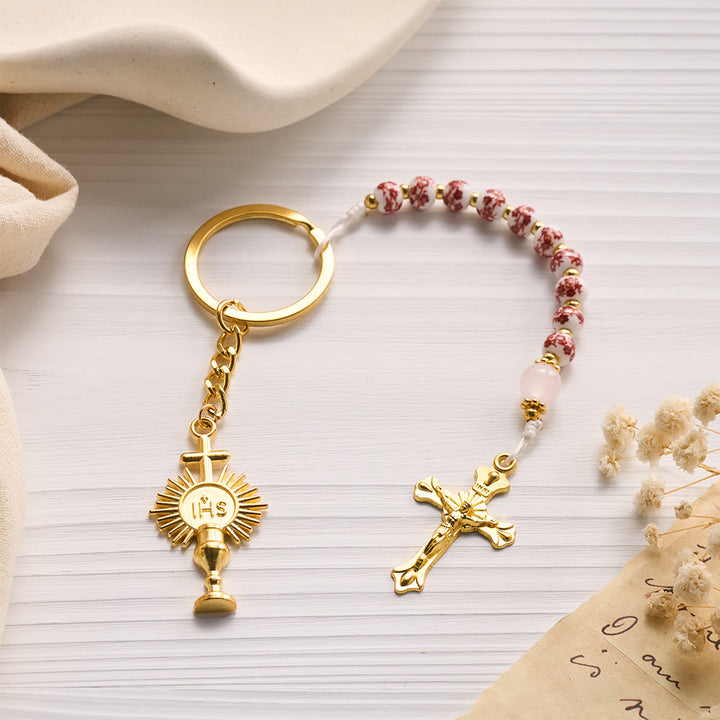 SolaceBeads Red Floral Ceramic Bead Keychain with Crucifix &amp; Chalice Charms: Blessing for Your Daily - Red &amp; Floral - image 0