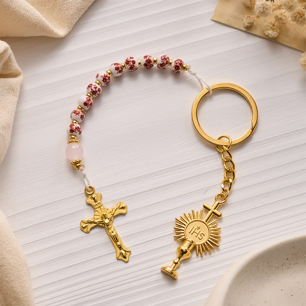 SolaceBeads Red Floral Ceramic Bead Keychain with Crucifix &amp; Chalice Charms: Blessing for Your Daily - image 1