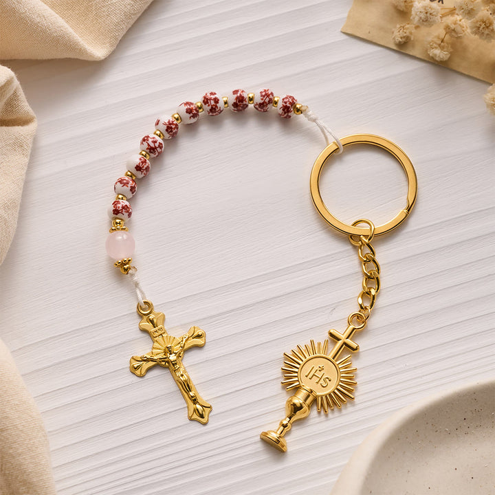 SolaceBeads Red Floral Ceramic Bead Keychain with Crucifix &amp; Chalice Charms: Blessing for Your Daily - image 1