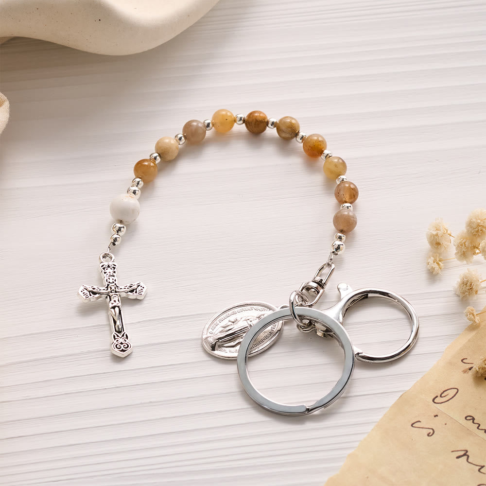 SolaceBeads Transparent Tourmaline Bead Keychain with Crucifix &amp; Mary Charms: Pure Radiance for Your Daily - Multicolor - image 0