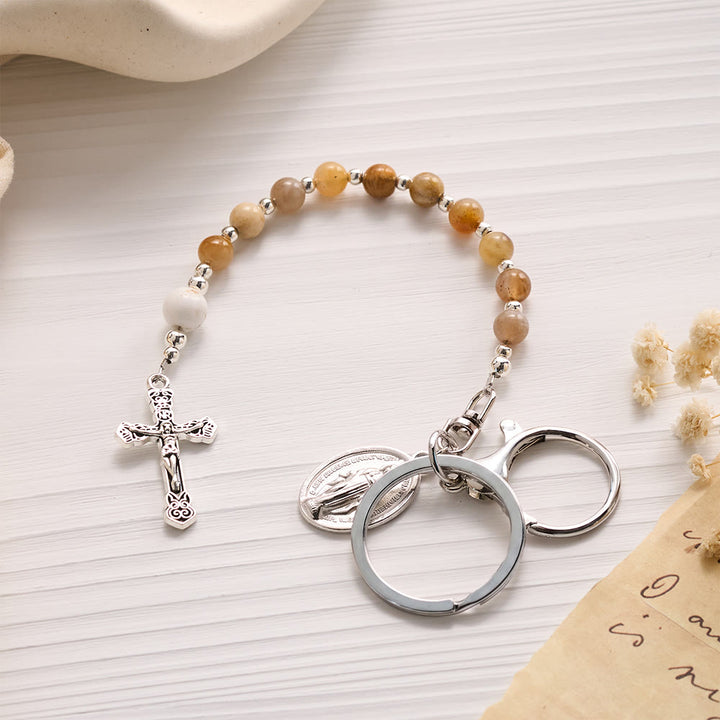 SolaceBeads Transparent Tourmaline Bead Keychain with Crucifix &amp; Mary Charms: Pure Radiance for Your Daily - Multicolor - image 0