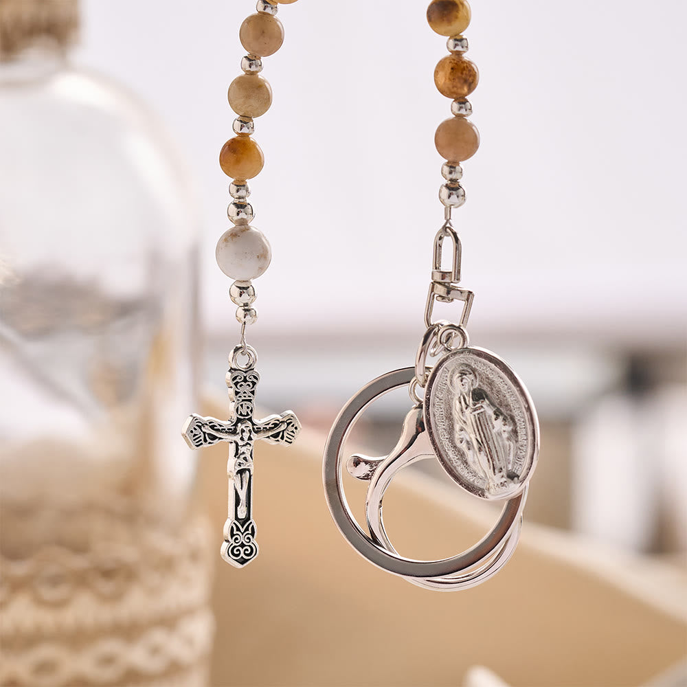 SolaceBeads Transparent Tourmaline Bead Keychain with Crucifix &amp; Mary Charms: Pure Radiance for Your Daily - image 5