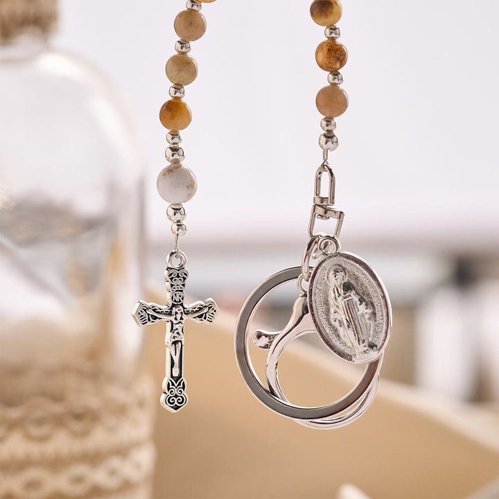 SolaceBeads Transparent Tourmaline Bead Keychain with Crucifix &amp; Mary Charms: Pure Radiance for Your Daily - image 5