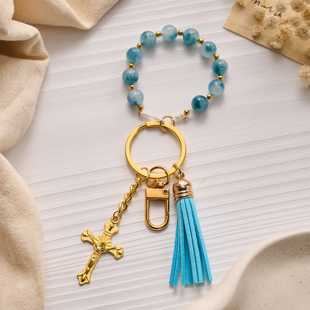 SolaceBeads Blue Chalcedony Keychain: Crucifix Tassel for Daily Blessing - image 1
