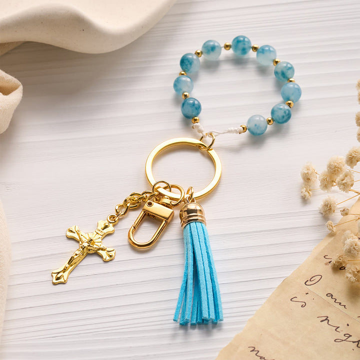 SolaceBeads Blue Chalcedony Keychain: Crucifix Tassel for Daily Blessing - Light Blue - image 0