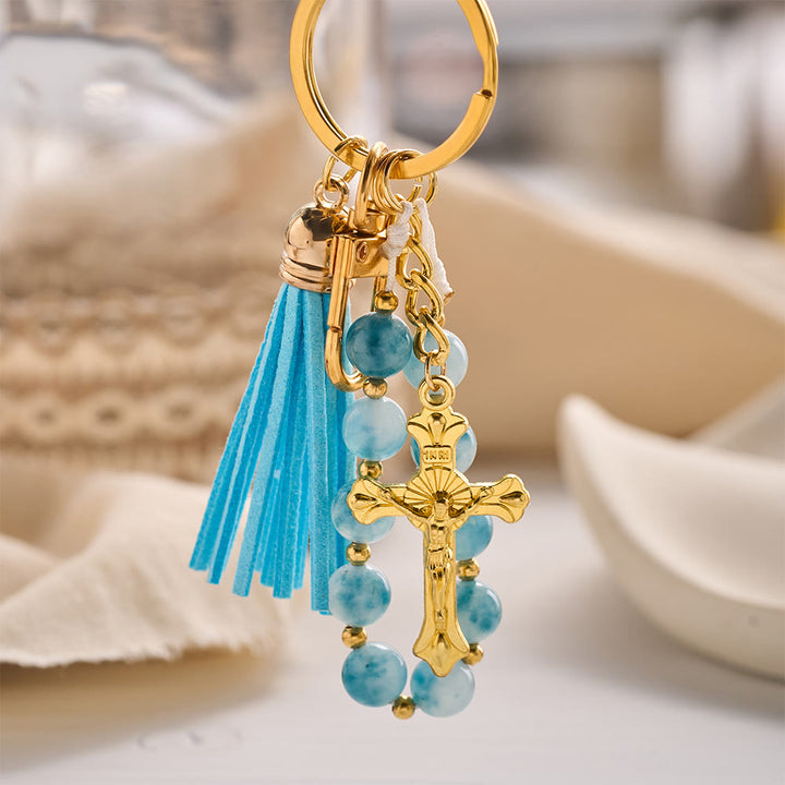 SolaceBeads Blue Chalcedony Keychain: Crucifix Tassel for Daily Blessing - image 4