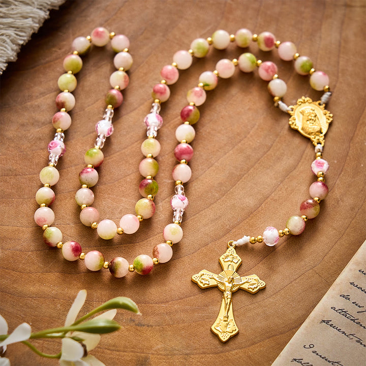 SolaceBeads Devotion Stone Rosary, Watermelon Tourmaline Beads, Floral Glass, Madonna Medal &amp; Crucifix - image 4