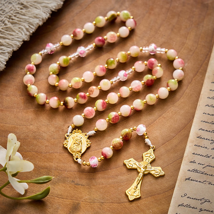 SolaceBeads Devotion Stone Rosary, Watermelon Tourmaline Beads, Floral Glass, Madonna Medal &amp; Crucifix - image 2