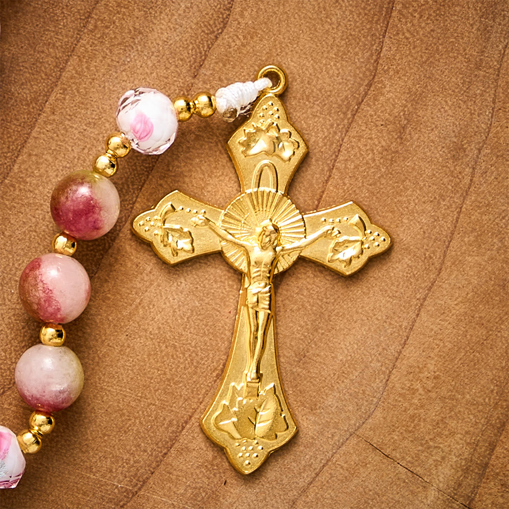SolaceBeads Devotion Stone Rosary, Watermelon Tourmaline Beads, Floral Glass, Madonna Medal &amp; Crucifix - image 8