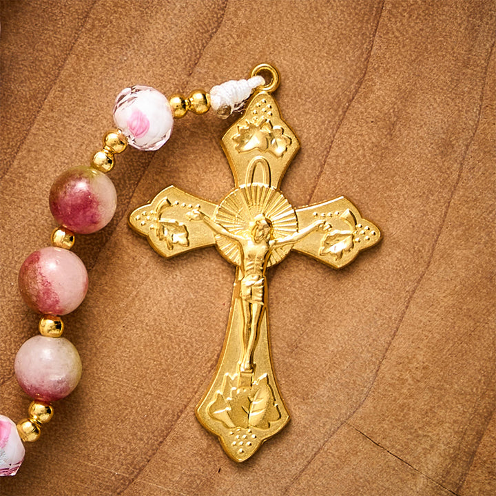SolaceBeads Devotion Stone Rosary, Watermelon Tourmaline Beads, Floral Glass, Madonna Medal &amp; Crucifix - image 8