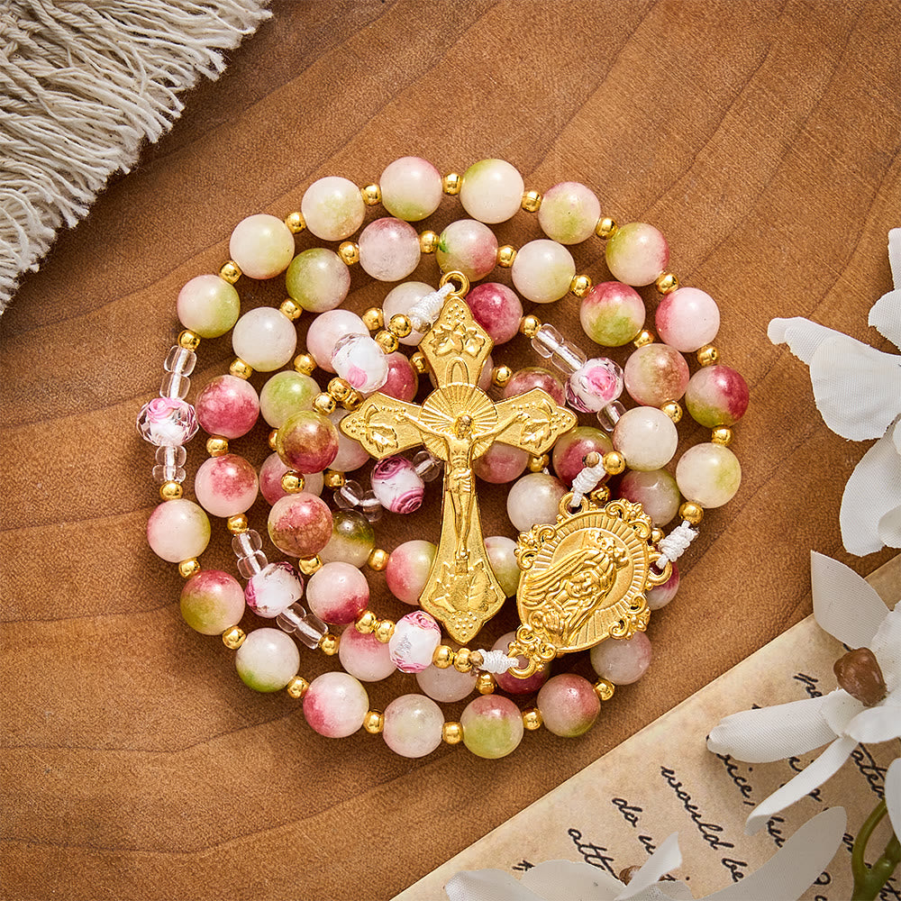 SolaceBeads Devotion Stone Rosary, Watermelon Tourmaline Beads, Floral Glass, Madonna Medal &amp; Crucifix - image 9