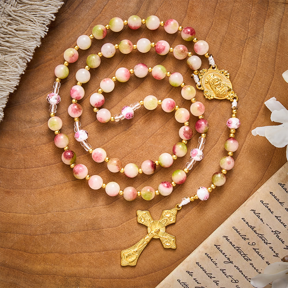 SolaceBeads Devotion Stone Rosary, Watermelon Tourmaline Beads, Floral Glass, Madonna Medal & Crucifix - Watermelon Tourmaline Hue - image 0