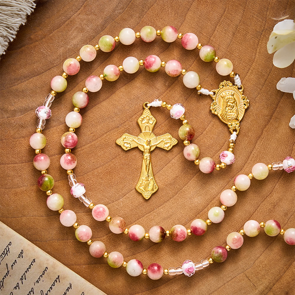 SolaceBeads Devotion Stone Rosary, Watermelon Tourmaline Beads, Floral Glass, Madonna Medal &amp; Crucifix - image 5