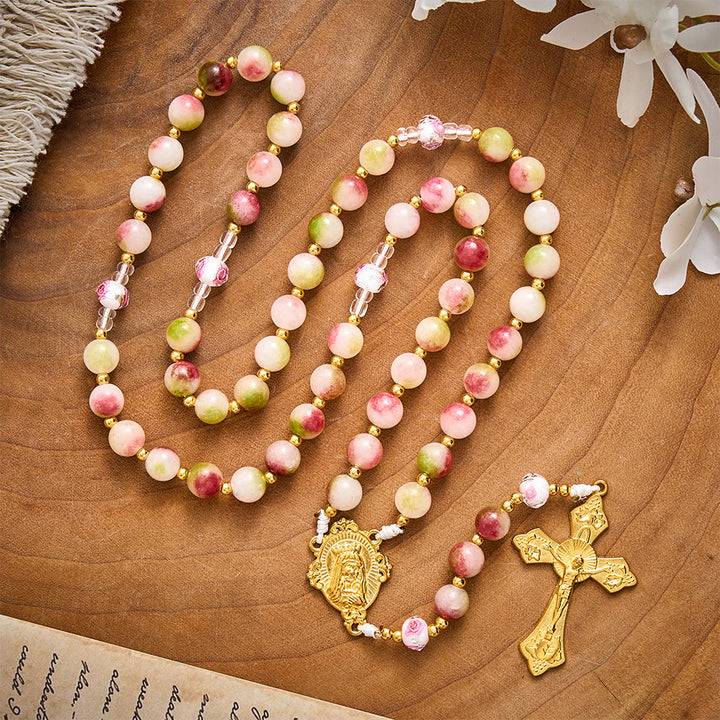 SolaceBeads Devotion Stone Rosary, Watermelon Tourmaline Beads, Floral Glass, Madonna Medal &amp; Crucifix - image 3