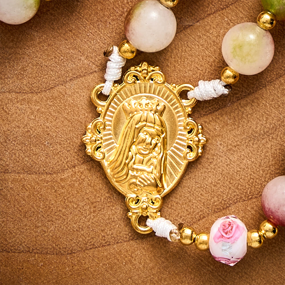 SolaceBeads Devotion Stone Rosary, Watermelon Tourmaline Beads, Floral Glass, Madonna Medal &amp; Crucifix - image 7
