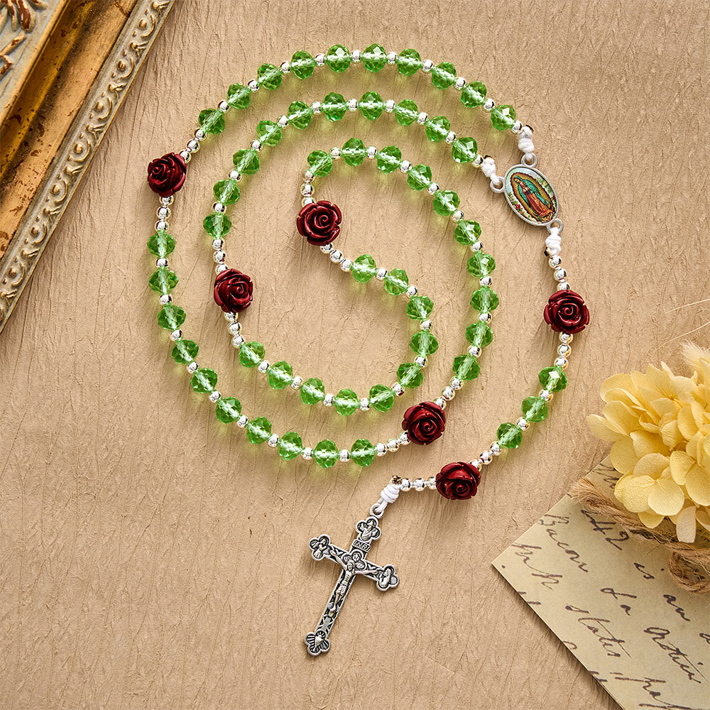 SolaceBeads Apple Green Crystal Rosary, Rose Beads, Guadalupe Medal: Gentle Light for Devotion - Apple Green - image 0