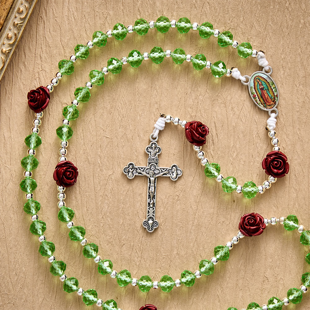 SolaceBeads Apple Green Crystal Rosary, Rose Beads, Guadalupe Medal: Gentle Light for Devotion - image 4