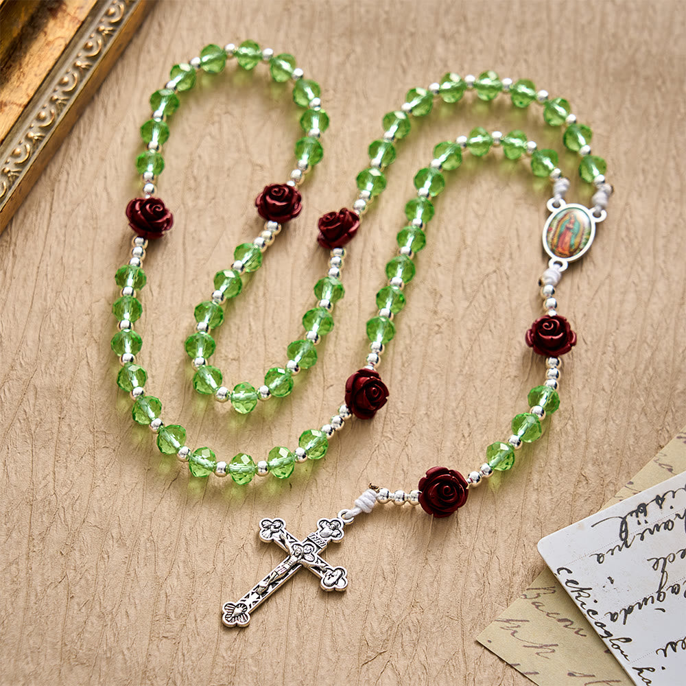 SolaceBeads Apple Green Crystal Rosary, Rose Beads, Guadalupe Medal: Gentle Light for Devotion - image 2