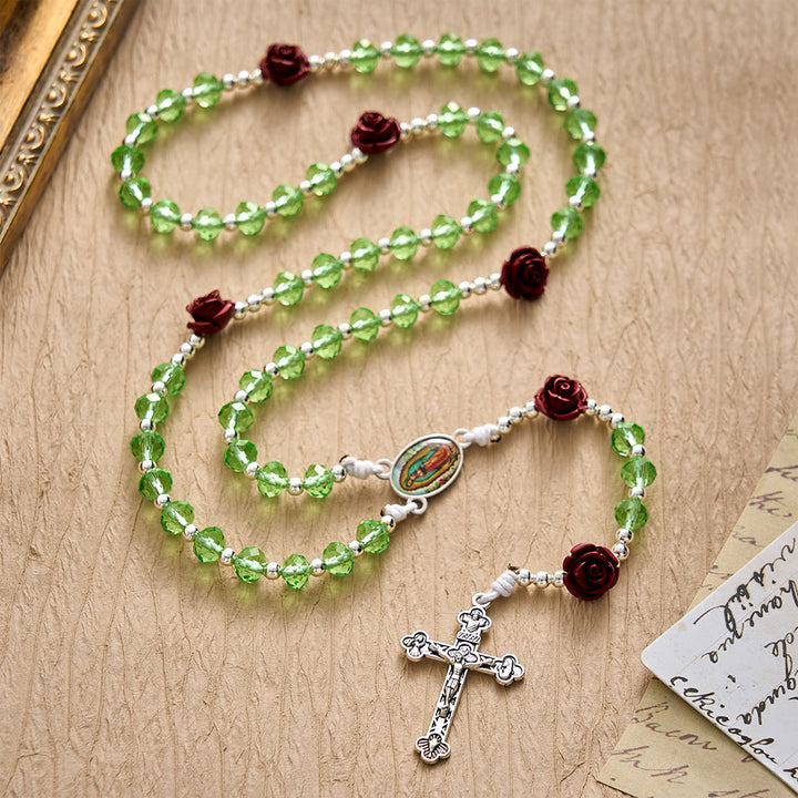 SolaceBeads Apple Green Crystal Rosary, Rose Beads, Guadalupe Medal: Gentle Light for Devotion - image 9