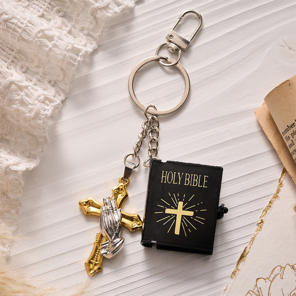Solacebeads Mini Holy Bible &amp; Praying Hands Cross Keychain: Guard Your Daily Journey - Gold Cross - image 1